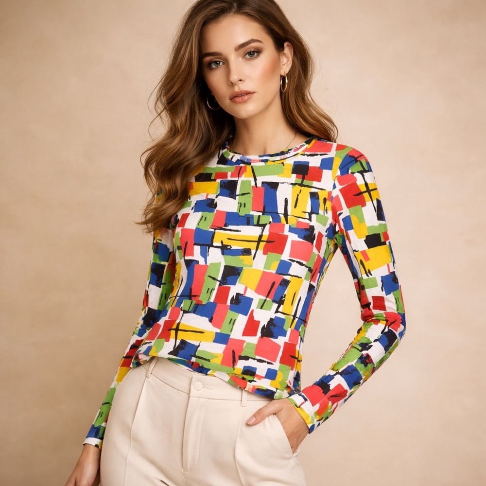 IBKUL Multicolor Abstract Long-Sleeve Tee - Red, Blue, Yellow, Green, White